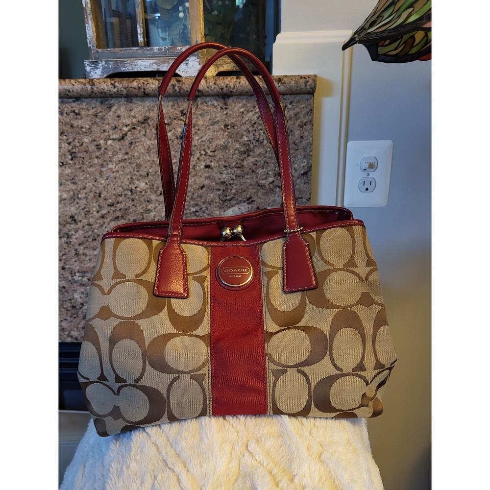 Coach Signature Stripe Framed Carryall Tote Satchel F17424 Red Trim Y2K - Picture 15 of 16